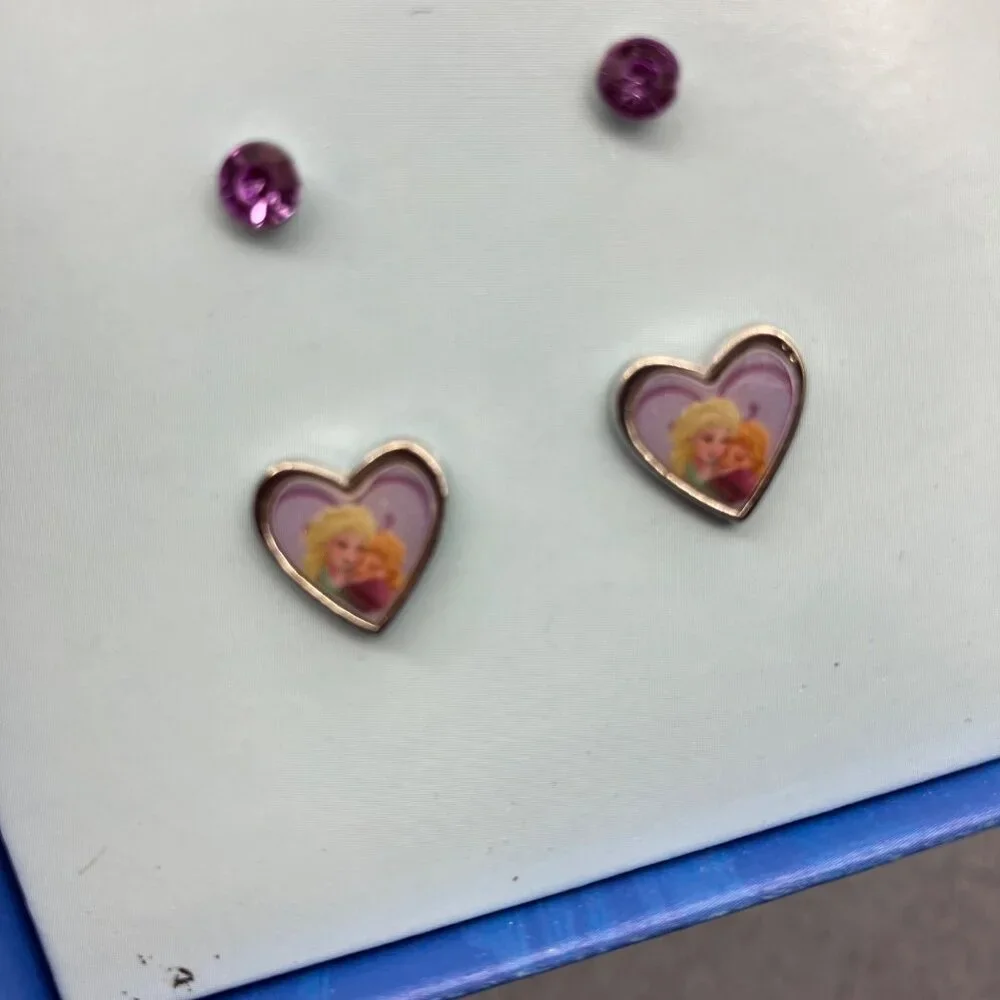 Disney Frozen Stud Earring Set Box 3 Pair Heart Crown Gem Kids Pink Purple Glam